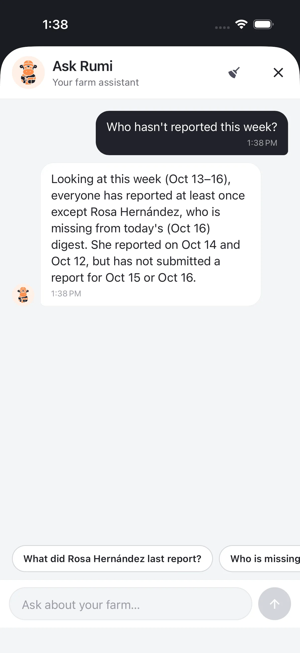 Ask Rumi chat answering who hasn't reported this week, naming one worker missing from today's digest.