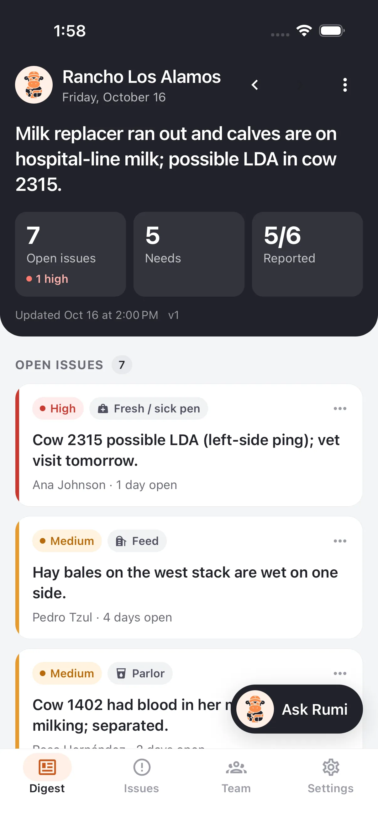 Rumi Daily digest for Rancho Los Alamos: headline about milk replacer and a possible LDA in cow 2315, 7 open issues, 5 needs, 5 of 6 workers reported.