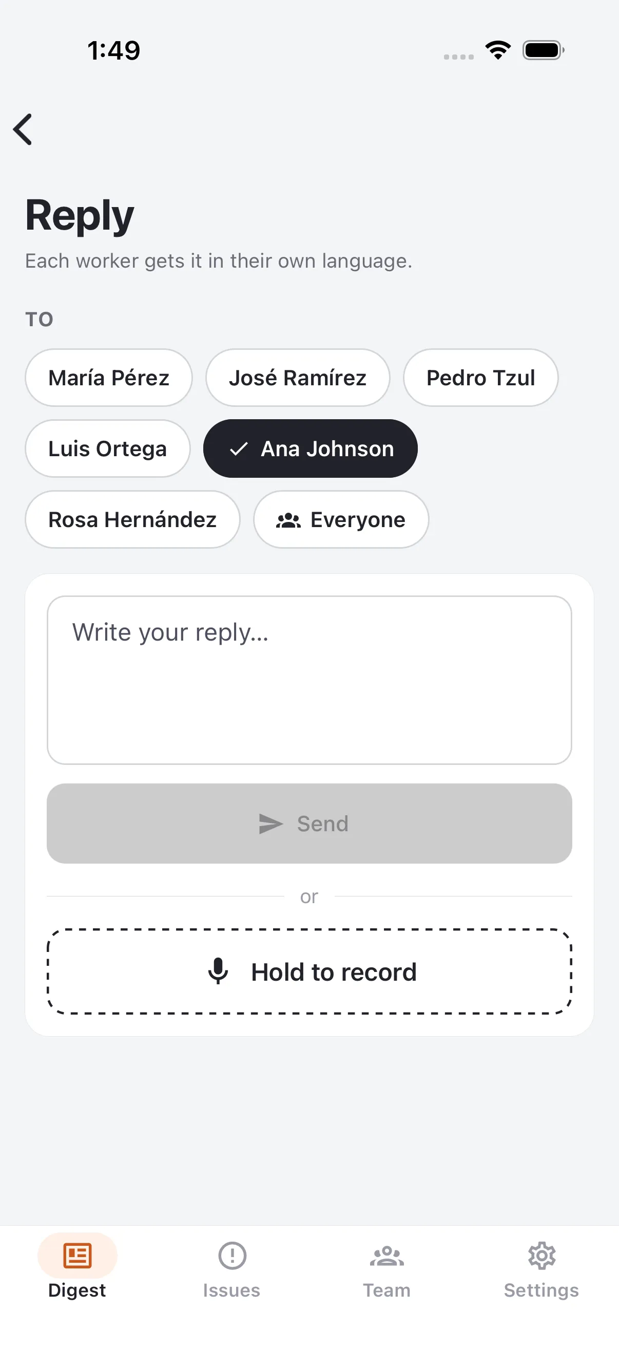 Rumi Daily reply screen: choose one worker or everyone, type or hold to record, and each worker gets it in their own language.